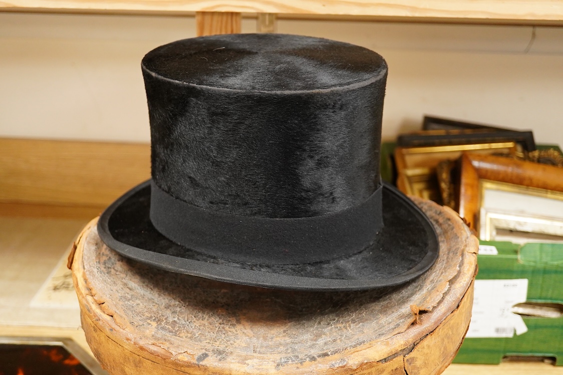 A cased Christys’ London black silk top hat, head-hole 20x16cm